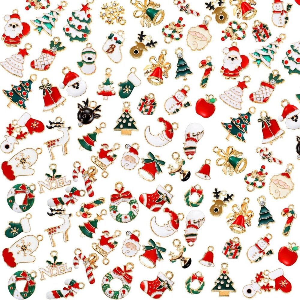 100 Pcs Mini Christmas Charms for Jewelry Making DIY Bulk Assorted Gold Alloy Sa